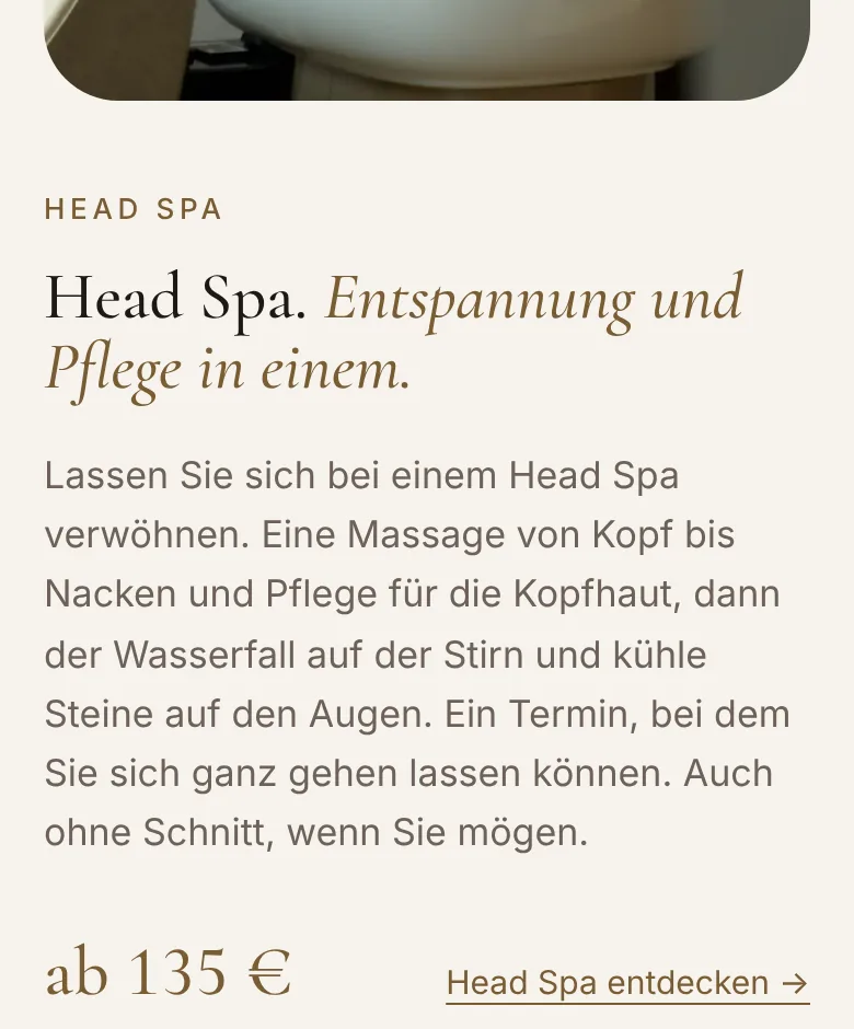 Leistungen mit Preisen auf der neuen Website von Cultura Capelli Hair & Head Spa, erstellt von Arvello