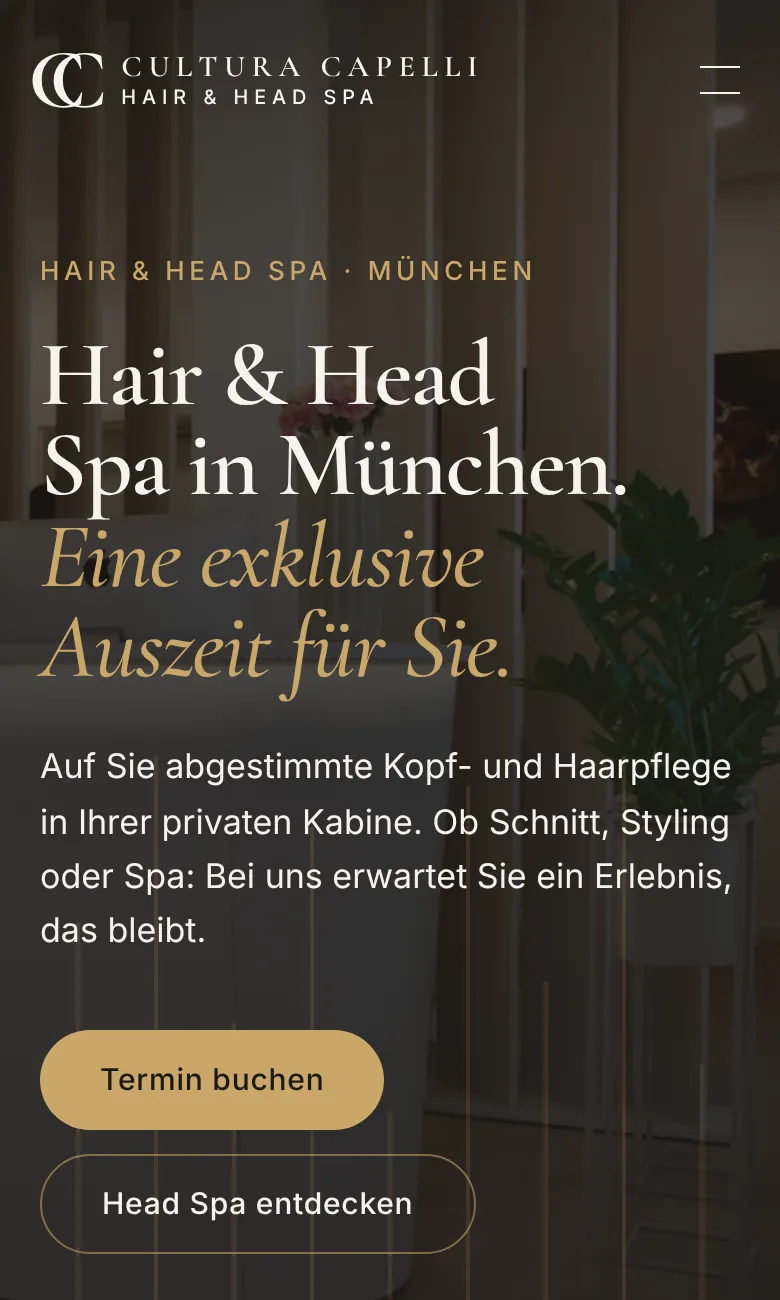 Startseite der Website von Cultura Capelli Hair & Head Spa in Trudering, erstellt von Arvello